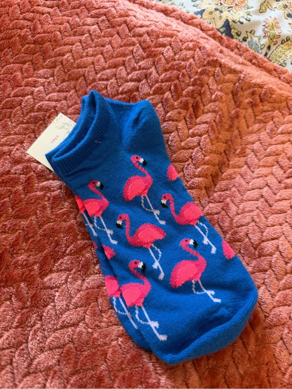 Bright Blue Low-Cut Socks with Pink Flamingos
